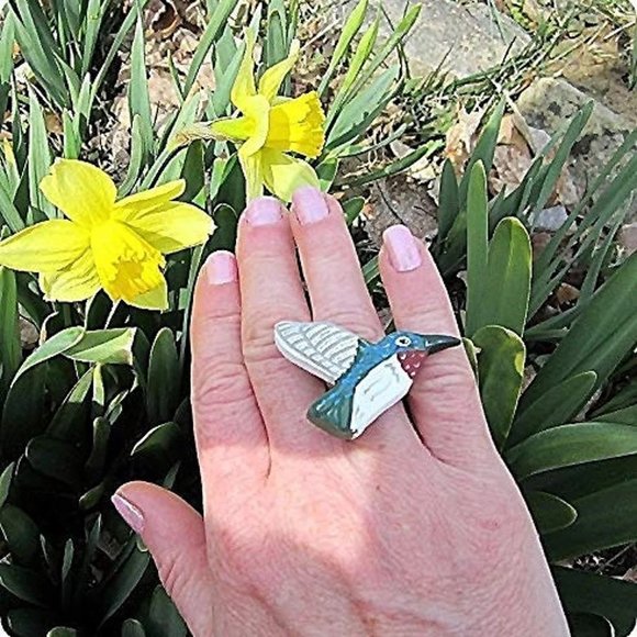 Wooden Hummingbird Ring handmade handcrafted jewelry - Picture 2 of 6